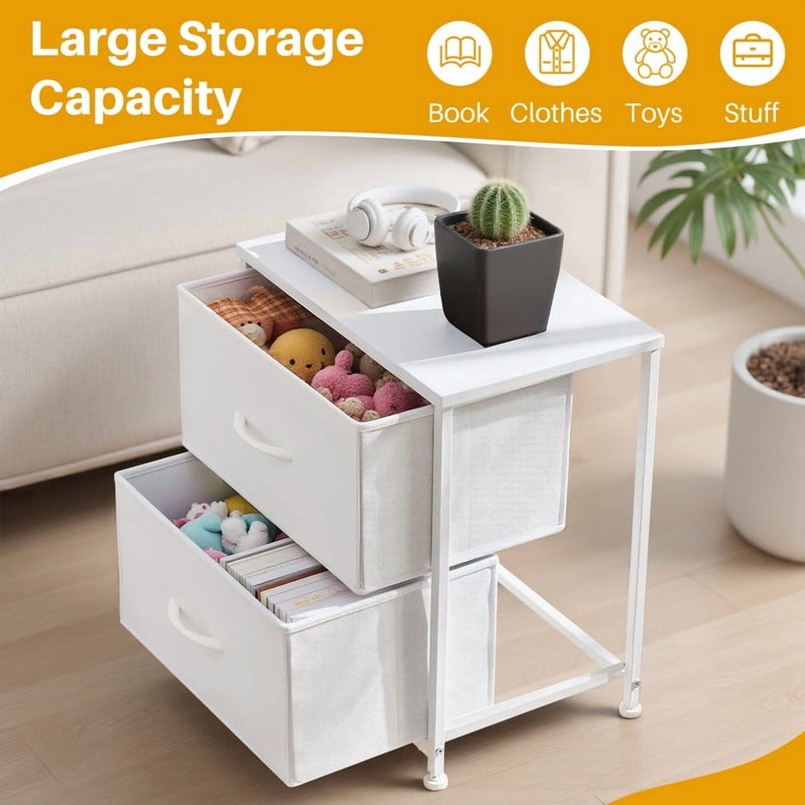 TINKLE WELL Nightstand Set of 2 with 2 Fabric Drawers, End Table 20 inch Tall Side Table for Bedroom, Closet, or Dorm Storage, White