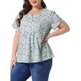 thumbnail image 4 of Agnes Orinda Women's Plus Size Peplum Tops Floral Half Placket Short Sleeves Casual Blouses 2X Pea Green, 4 of 6