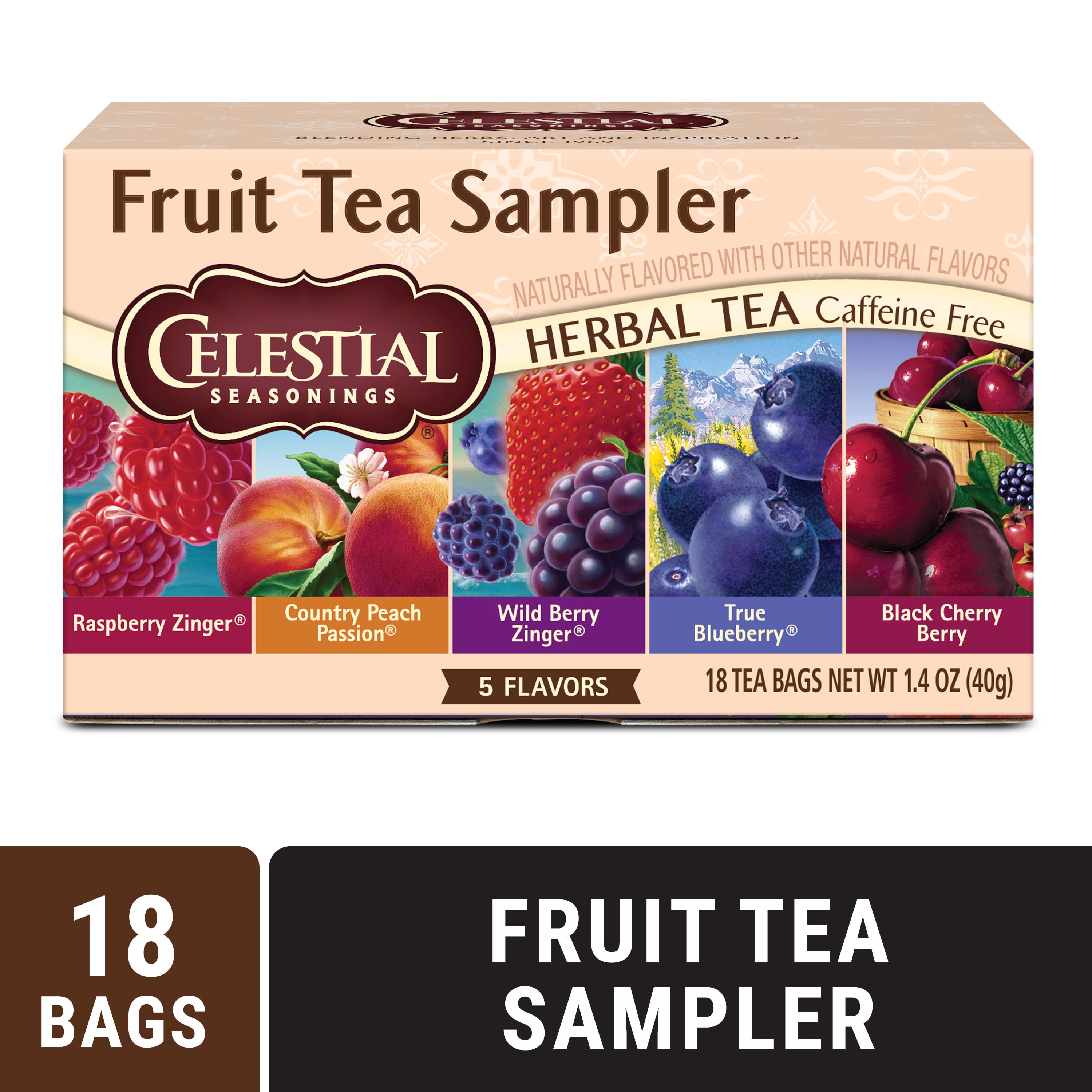 (4 pack) Celestial Seasonings Fruit Tea Sampler, Caffeine-Free Herbal Tea Bags (18 Count)