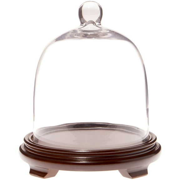 Plymor 7.875" x 9.5" Bell Jar Glass Display Dome Cloche, Walnut Wood Veneer Footed Base (Interior size 7.5" x 7.5")