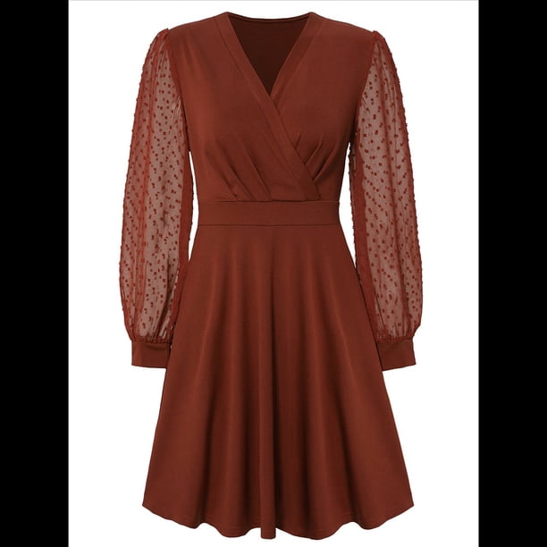 Vestido Corto Fruncido con Escote en V para Mujer, Color Caramelo, Talla XL