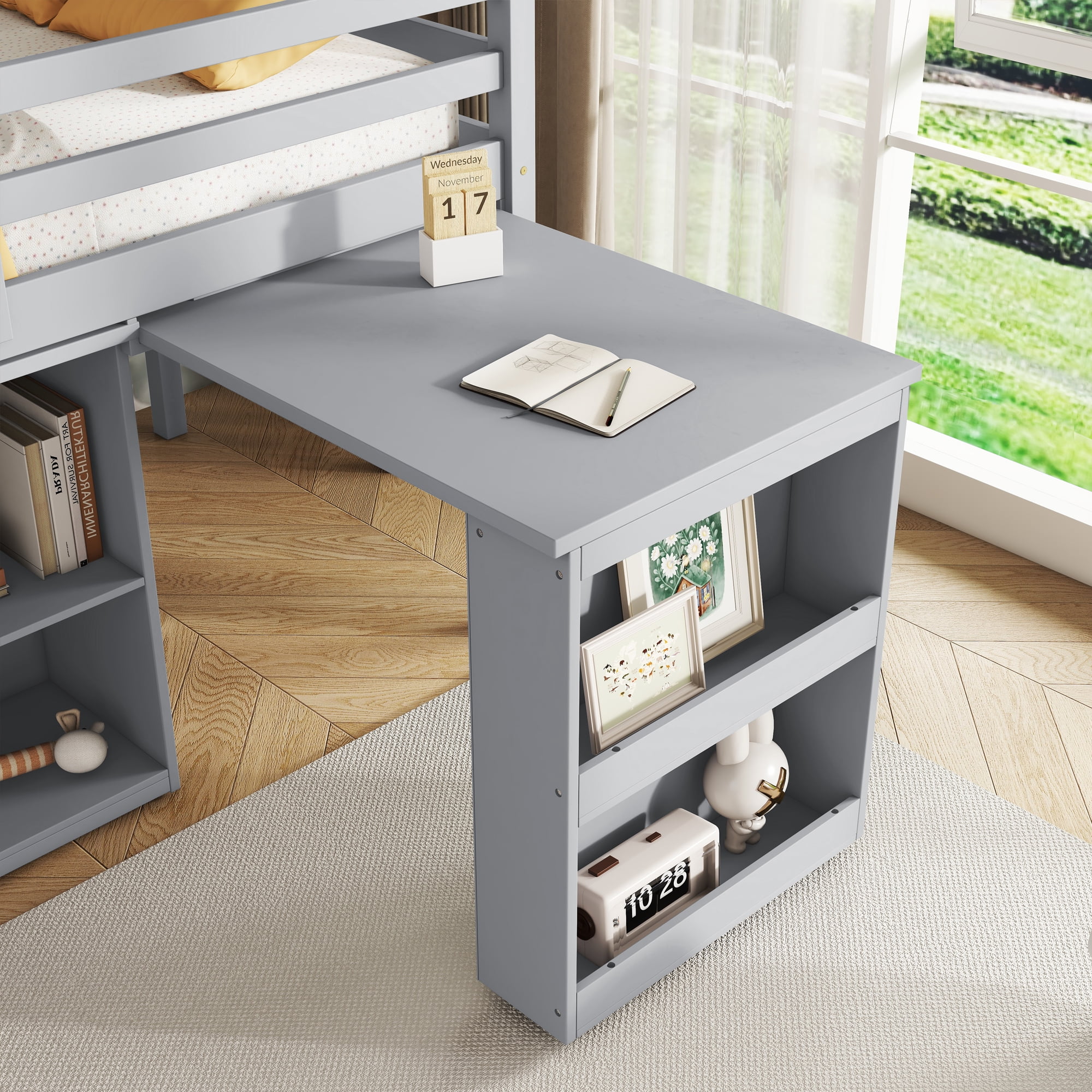 Euroco Wood Twin Size Loft Bed with Drawers and Cabinets, Pulling Out Desk and Shelves, Gray