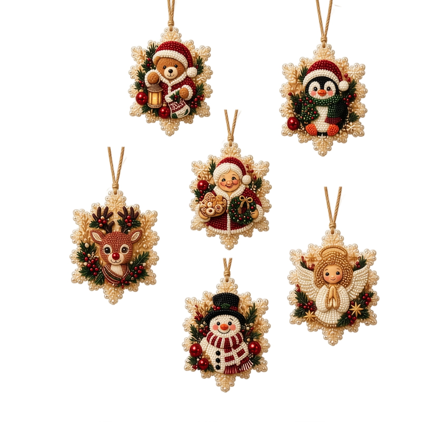 Christmas Ornament DIY Kit 6Pcs Pearl Sticker Art Set No Glue 3D Craft for Kids Adults Santa Reindeer Snowman Angel Penguin Bear Decor Xmas Tree Hanging Gift