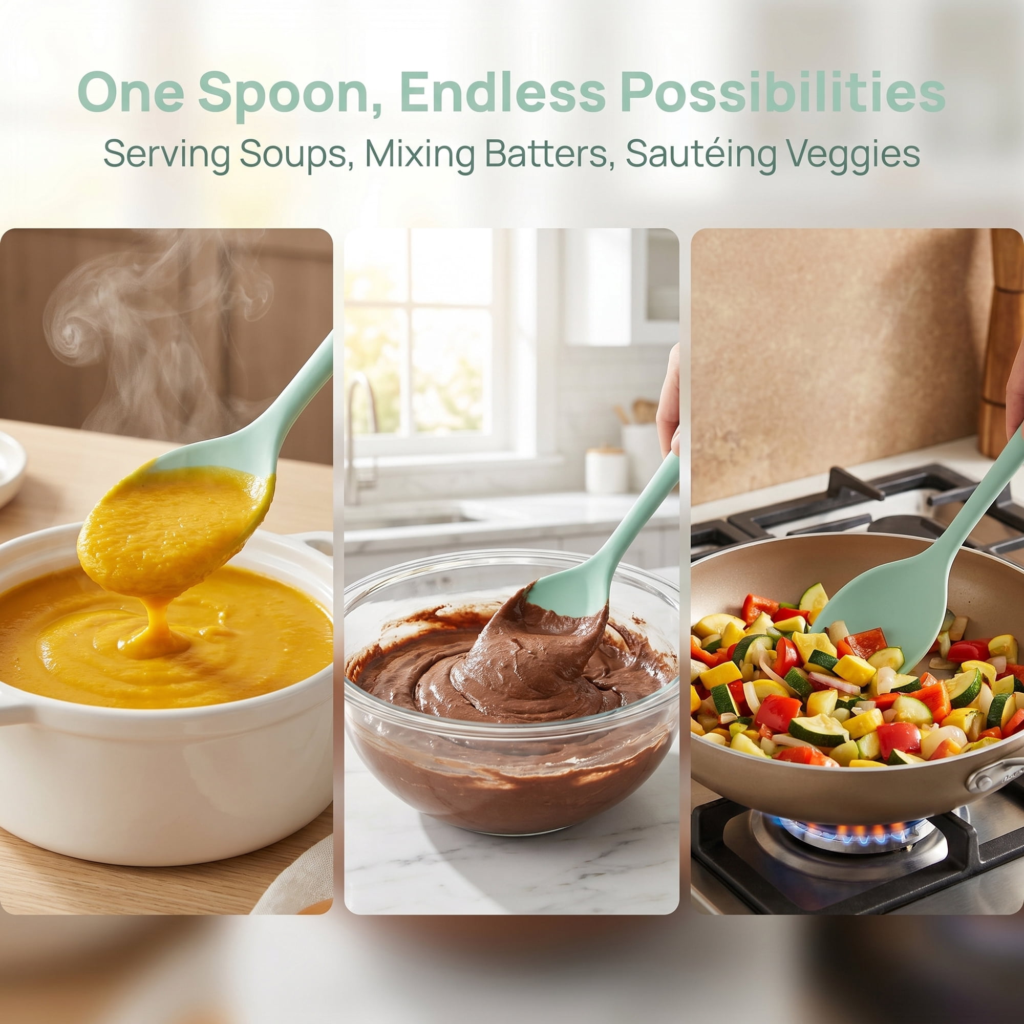 Unique Bargains Silicone Non Stick Heat Resistant Cooking Spoon Green 12.5x3.1in
