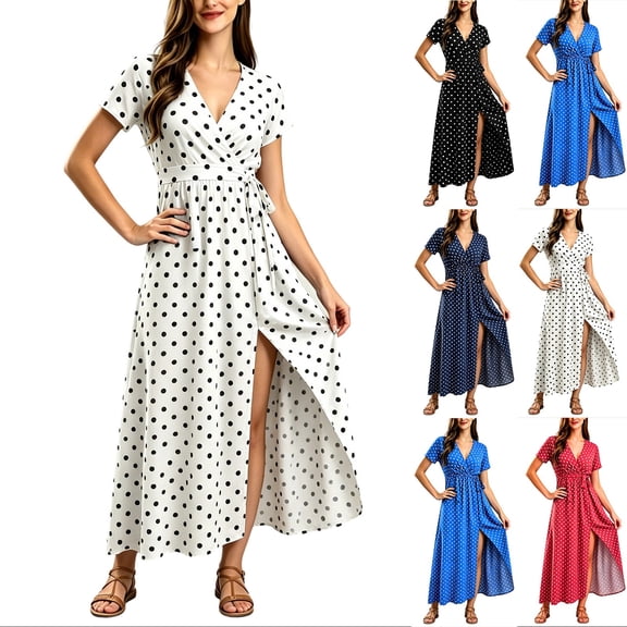 Women's Boho Floral Maxi Dress Summer Short Sleeve Wrap V Neck Long Flowy Beach Vacation Wedding Guest Dresses White XXS