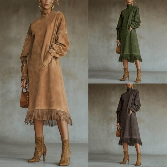 FRSASU Women’s Velvet Tassel Mini Dress High-Neck Suede Velvet Vintage Fringe Long-Sleeve Dress with Loose Pockets Green