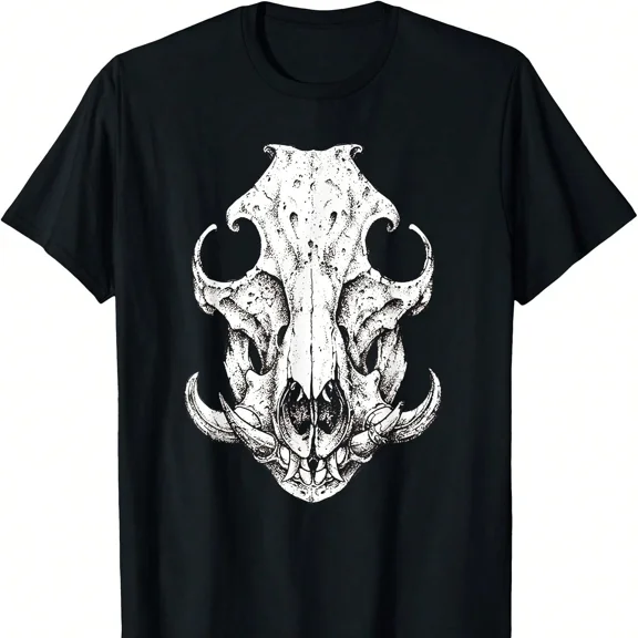 Unisex Animal Skull Graphic T-Shirt, Gothic Wild Boar Skeleton Black Cotton Tee