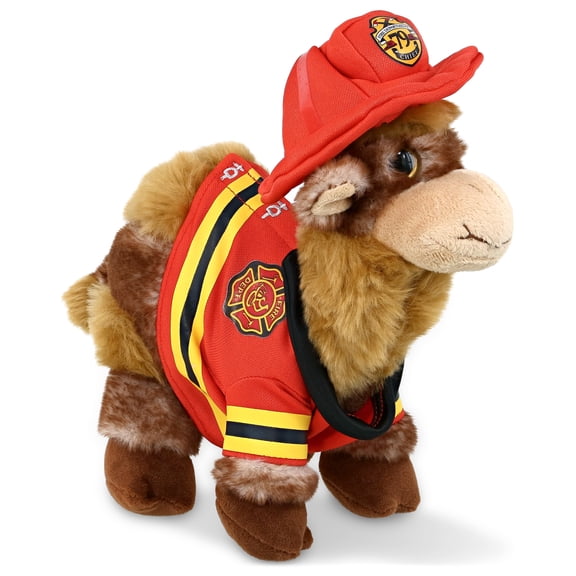 DolliBu Camel Firefighter Stuffed Animal - Super Soft Camel Fireman Toy with Red Fireman Costume Outfit and Fireman Hat, Cute Safari Life Stuffed Animal Fire Fighter Doll Plush Toy for Kids - 10 Inch