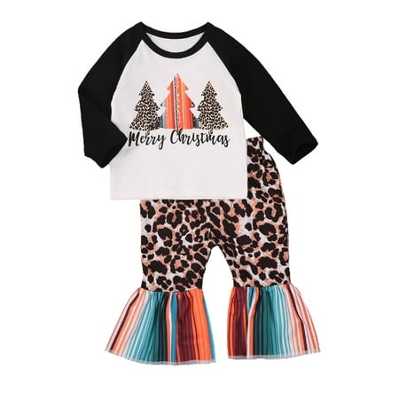 

Little Girls Christmas Suit Long Sleeve Tree Printed Top Leopard Printed Long Flared Trousers
