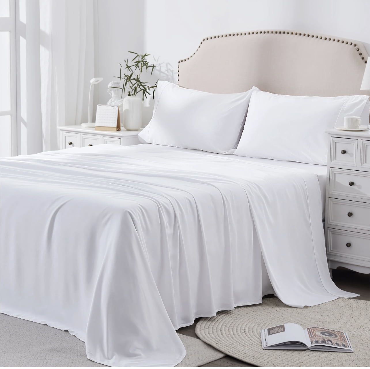 Atluxe Premium 100% Viscose Bamboo Sheets, 4-Piece Luxury Bedding Set, Cooling and Hypoallergenic, White, California King