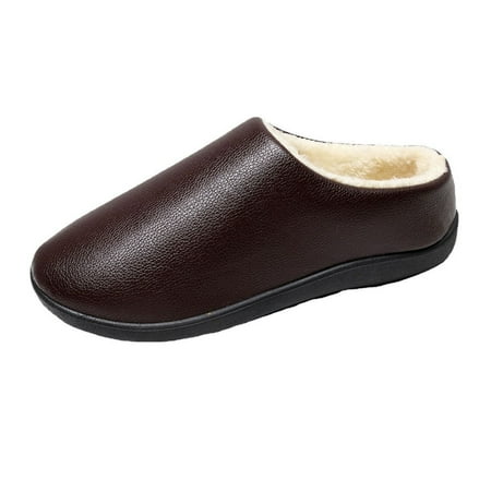 Sexlip Men s Indoor Warm Shoes Faux Leather Warm Winter House Shoes Plush Lined Slip on Comfortable Solid Home Shoes Coffee 44