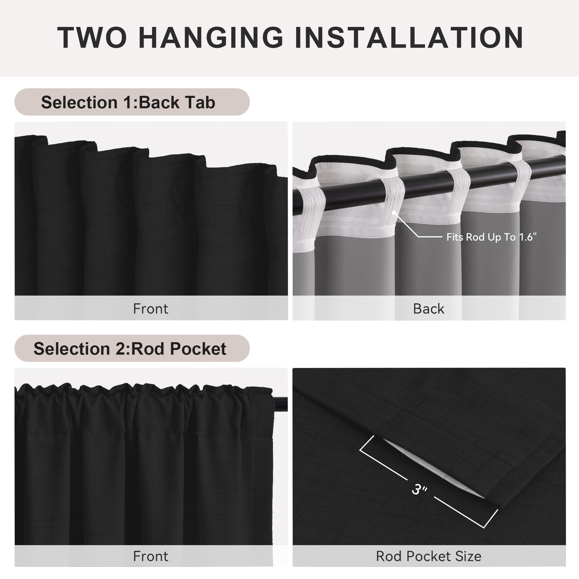 KoshiMe Faux Linen 100% Blackout Curtains for Living Room Bedroom,84 Inch Long Thermal Insulated Back Tab Window Curtains,Black