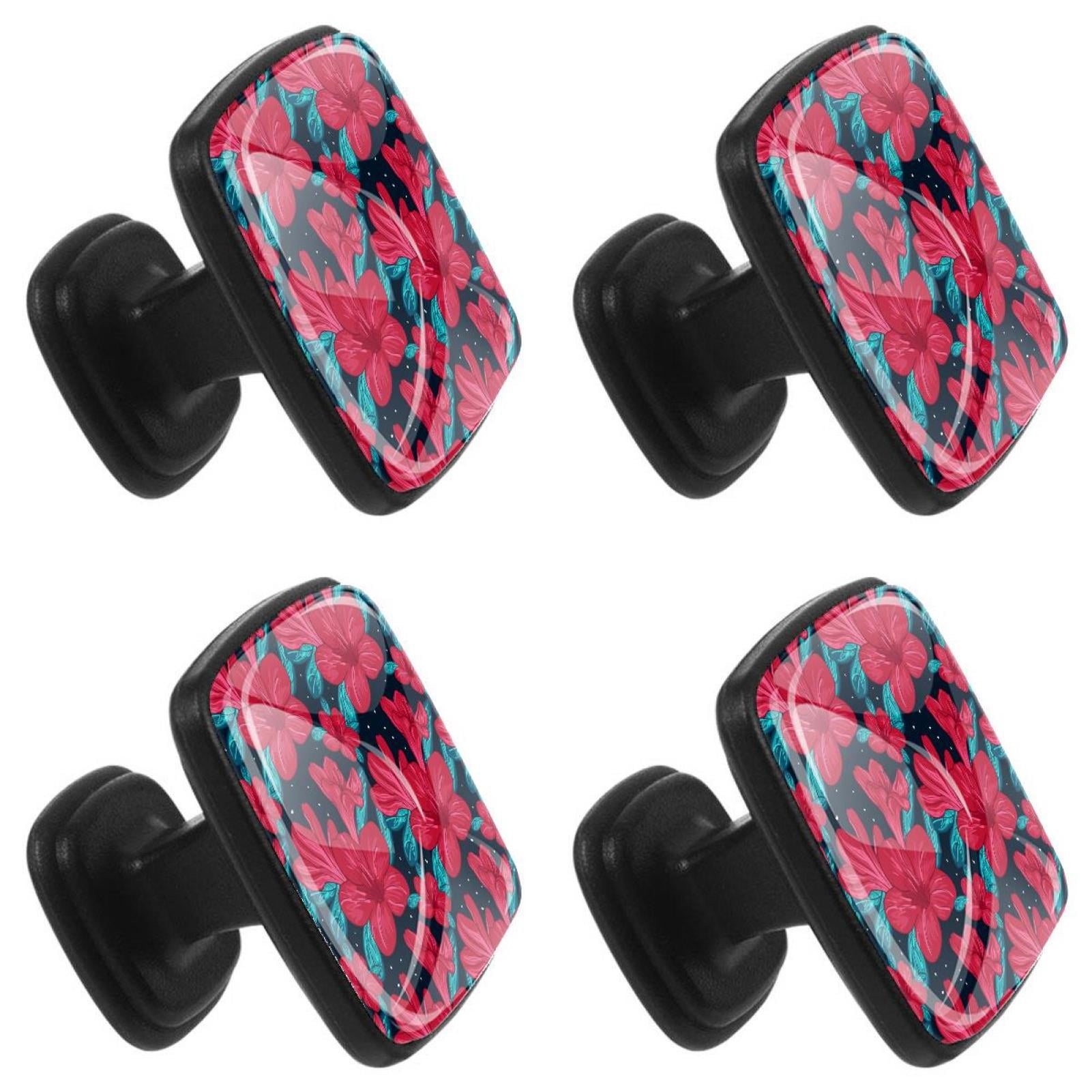 4 Pcs Square Cabinet Handle Cupboard Knob Drawer Pulls Handle Tropical Red Floral Drawer Knobs with Screws Furniture Decoration