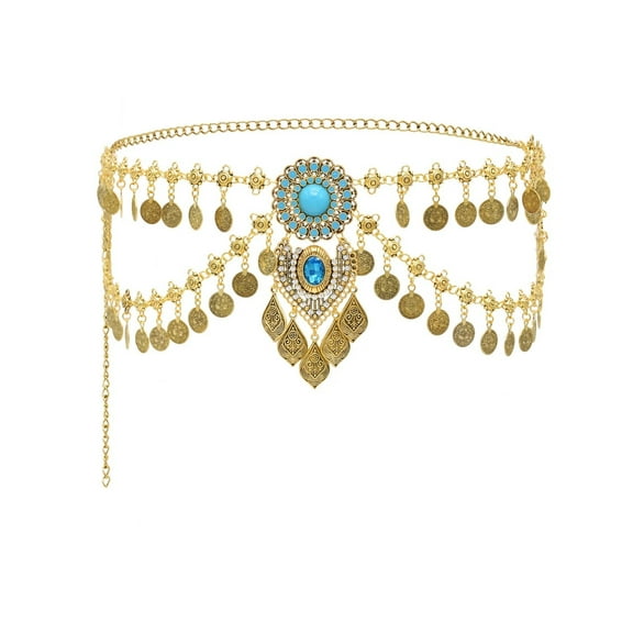 Coin Tassels Faux Turquoise Waist Chain For Women Retro Ethnic Style Alloy Dance Waistband Jewelry