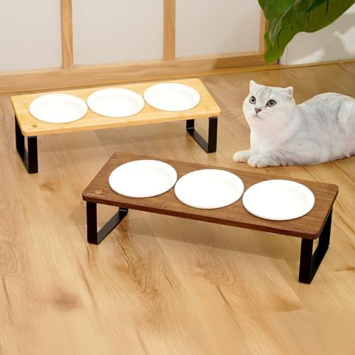 Raised Cat Food Water Bowl Elevated Tilted Kitty Dishes Set of 3 Ceramic Dish for Indoor Cats Orthopedic Pet Food Stand Reduces Vomiting 3 Bowl Cat Feeder Easy Assembly(Wood Color)