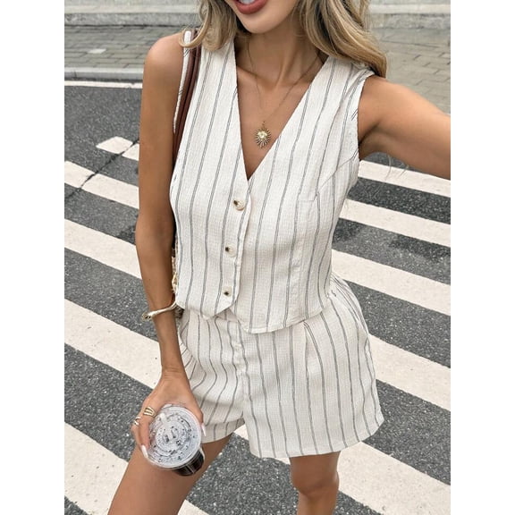 Women's Pinstripe Button Vest and Shorts Set, Sleeveless Tailored Summer Outfit