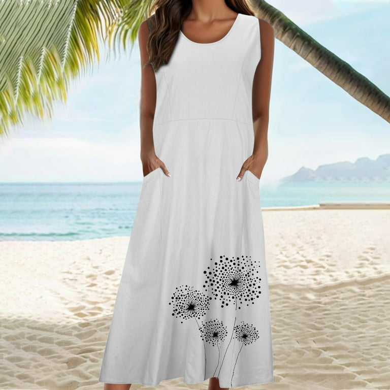 Cotton Linen Dress for Women Summer New Sleeveless Round Neck with Chest Button Design Long Dress Solid Color Casual Flowy Maxi Dresses with Pockets