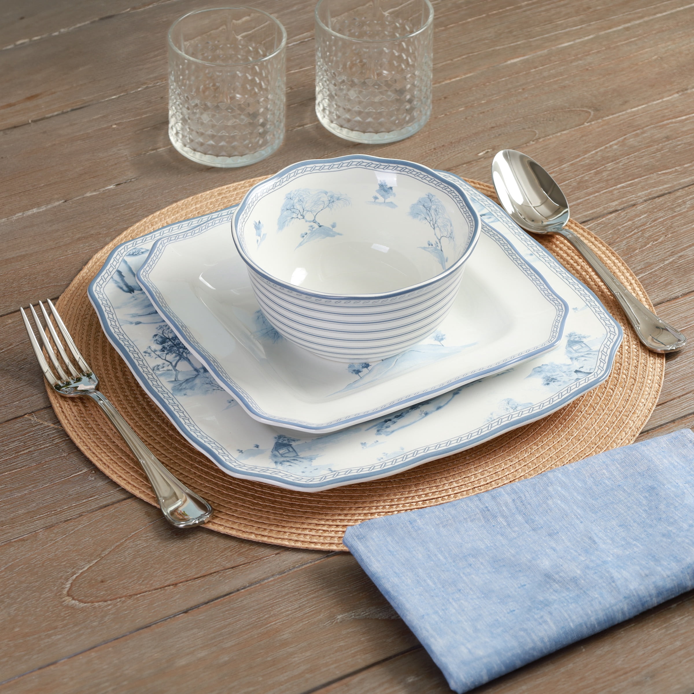 222 Fifth Scenic Toile Blue Porcelain 12-Piece Dinnerware Set
