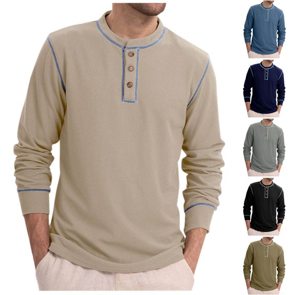 Xunlbb Mens Long Sleeve Tee Shirts, Man Solid-Color Casual Button Sweatshirt Long Sleeve Round-Neck Blouses Tops S-2XL Gifts for Men