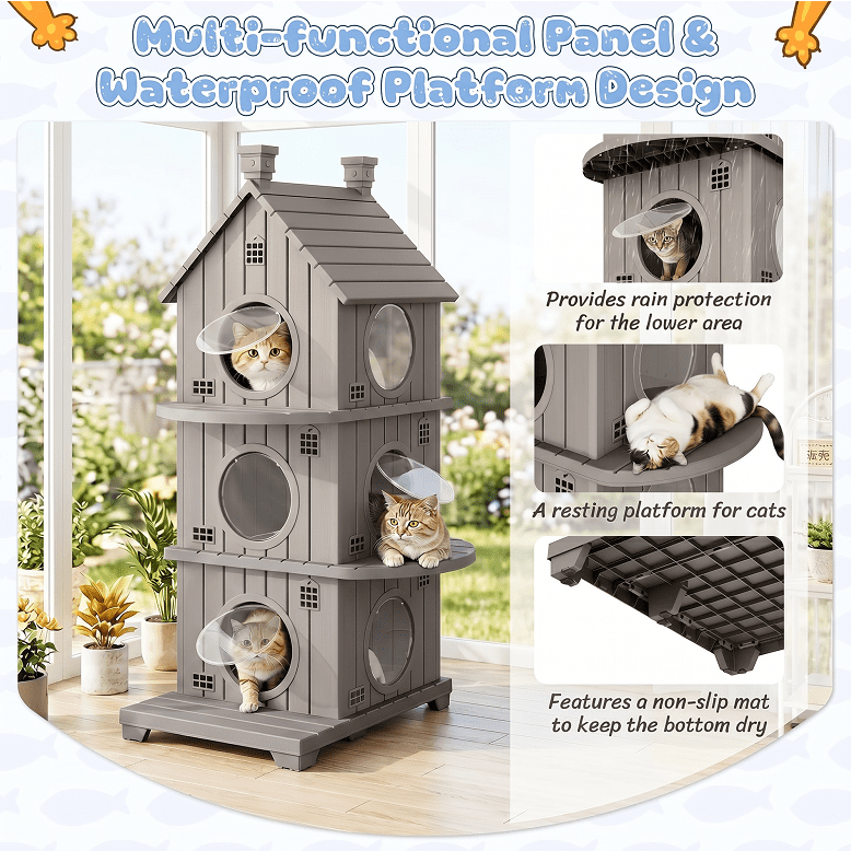 Fazzn Outdoor Cat House with Porch: Weatherproof Insulated Shelter for Cats, Kittens, and Puppies, Including Feral Cats. Features Multiple Entrances, an Elevated Base, and Easy Assembly.Blue/Brown