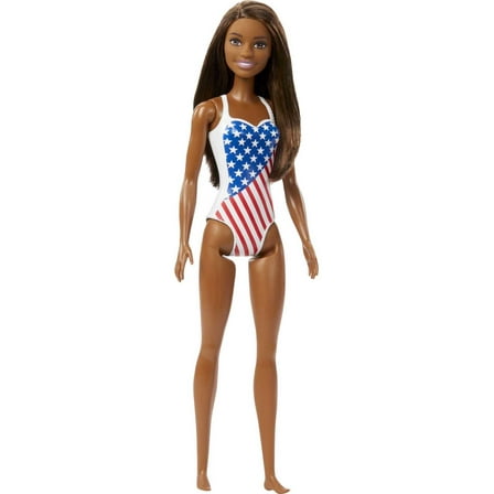 Barbie Doll with Beach Theme in American Flag Stars and Stripes Swimsuit, Brunette