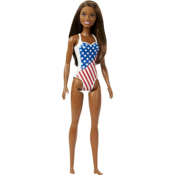 Barbie Doll with Beach Theme in American Flag Stars and Stripes Swimsuit, Brunette