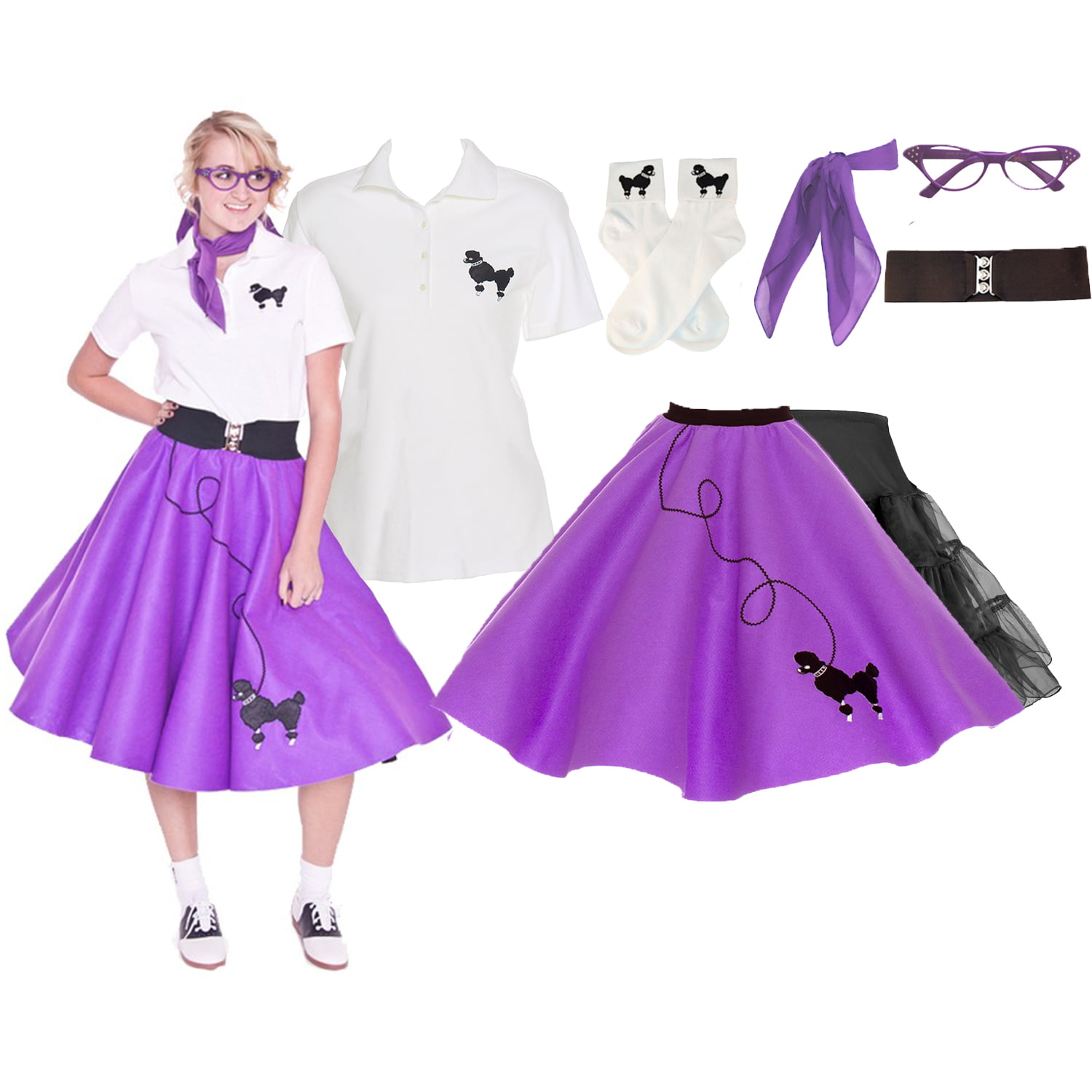 7 PC LAVENDER 50's POODLE SKIRT OUTFIT ADULT Size LARGE Length 25" 