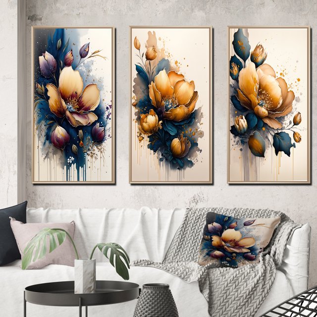 Designart "Scarlet Crocus Blossoms III" Floral & Botanical Framed Wall Art Set Of 3 - Blue Crocus Frame Gallery Set For Office Decor