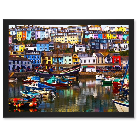 Photo Cityscape Brixham Devon England Harbour Boats UK Artwork Framed Wall Art Print A4