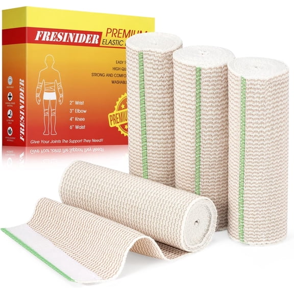 FRESINIDER 6" Elastic Bandage Wrap, 4 Pack, Latex-Free Cotton Compression with Hook-and-Loop Closure for Sports & Medical Use