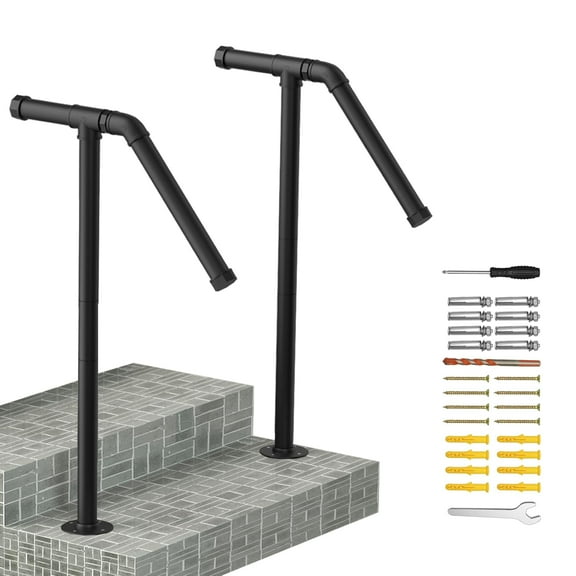 Outdoor Stair Railing Handrails for Outdoor Steps Sturdy Single Post Wrought Iron Handrail Set of 2, Black Stylish Porch Railing for Concrete Steps or Wooden Stairs, Fit 1 or 2 Steps