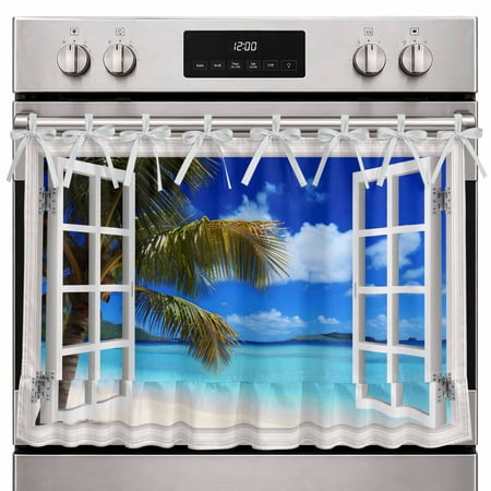 Farmhouse Oven Skirt Curtain Windows Seascape Oven Curtain Tie Top Summer Beach Coastal Palm Trees Stove Skirt Curtains with Ties&Ruffle Trim Dishwasher Skirts Curtains Cover for Cabinet 30 x21.5