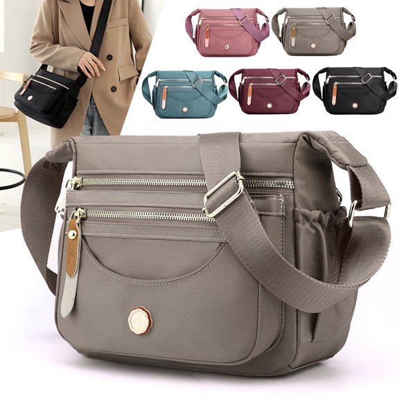 Waterproof Nylon Multi-Layer Shoulder Bag | Large Capacity Crossbody Backpack | Fashionable Casual Work Bag | Multiple Pockets Organizer | Gray Blue Wine | 26x21x11cm