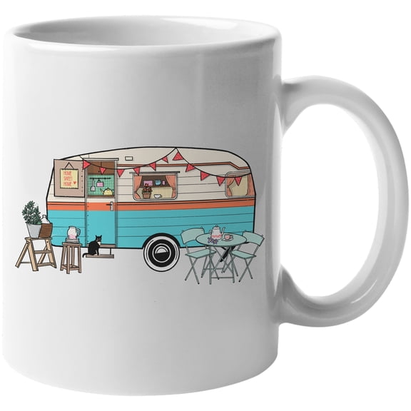 Vintage Camping Trailer with a Cat & Fiesta Banner Art Traveling Themed Merch Gift, White 11oz Ceramic Mug