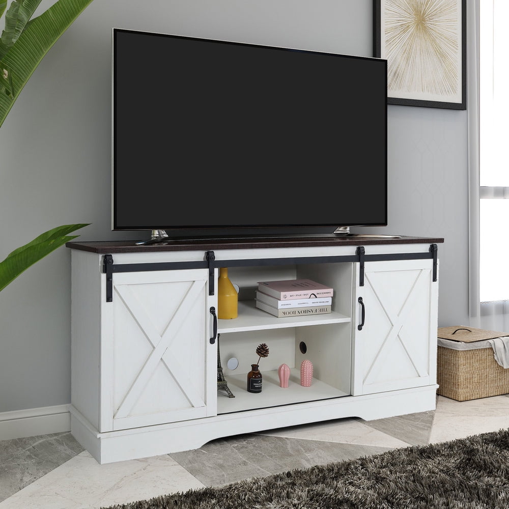 Farmhouse TV Stand for TVs Up to 65 Inch with Sliding Barn Doors and Adjustable Shelves, Vintage White/Espresso