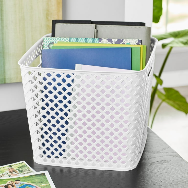 Mainstays Cube White Decorative Plastic Storage Basket, 13 in x 11
