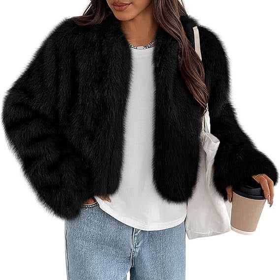 PRETTYGARDEN Womens Winter Coats Fluffy Cropped Faux Fur Jacket Long Sleeve Open Front Shaggy Outerwear Trendy Clothes
