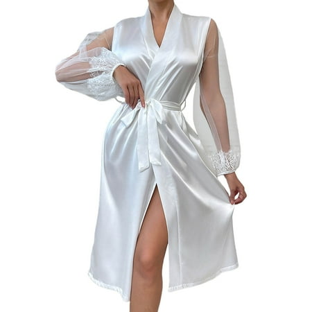 Tosmy Pajamas For Women Female Lace Kimono Robe Sexy Lingerie Mesh Chemise Nightgown Cover Up Sleepwear