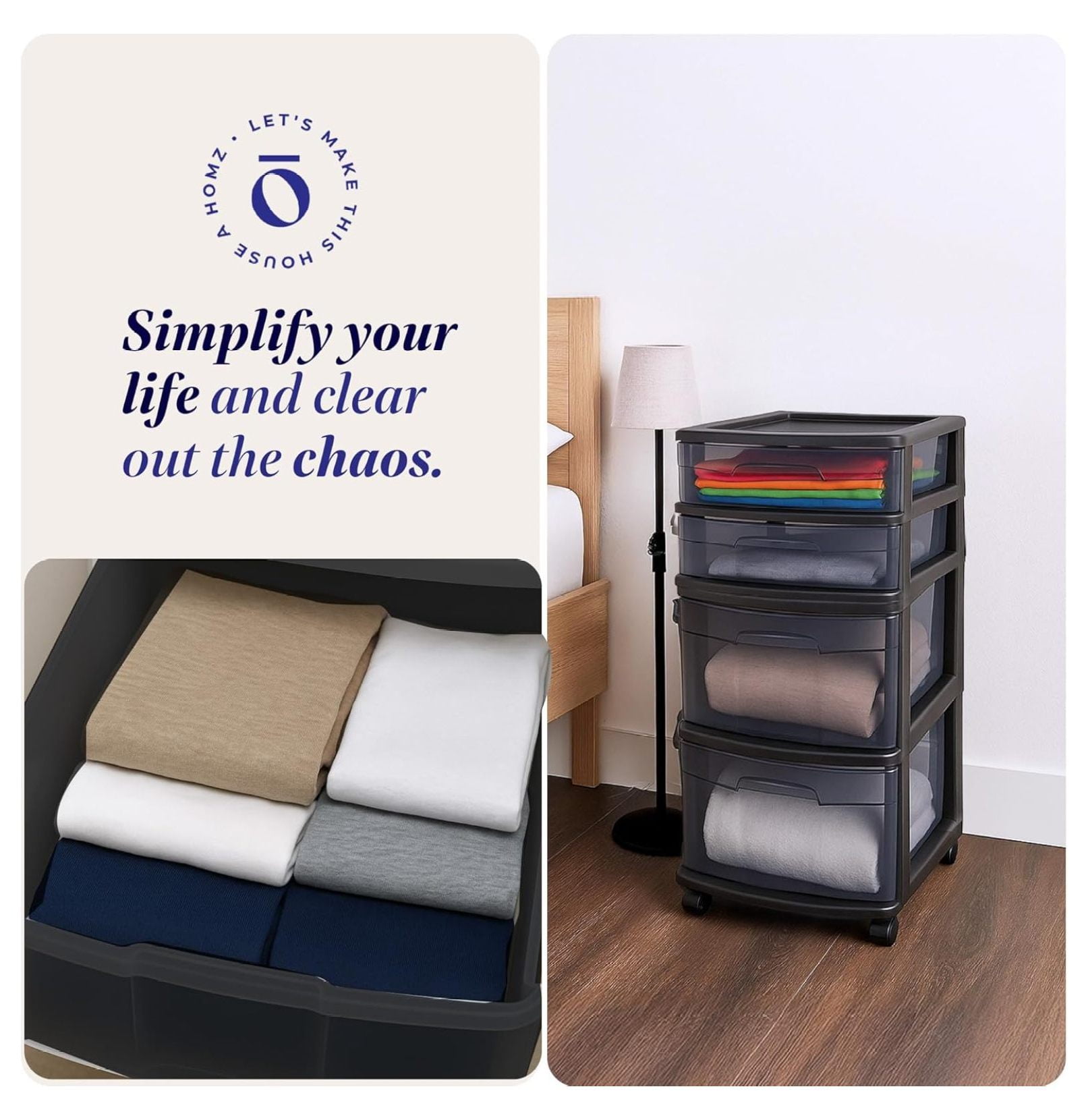 Drawer Tower, 4 Tier Plastic Storage Cart with Wheels - Black Organizer for Bathroom, Bedroom, Office - Rolling Drawer Unit for Clothes, Toys, Supplies