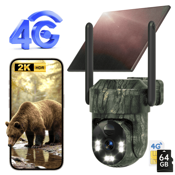 4G LTE Cellular Trail Cameras, Hunting Camera No WiFi Required Solar Security Camera, 360° View Deer camera 2K Live Streaming Game Camera , PIR Motion Activation, Night Vision, IP66