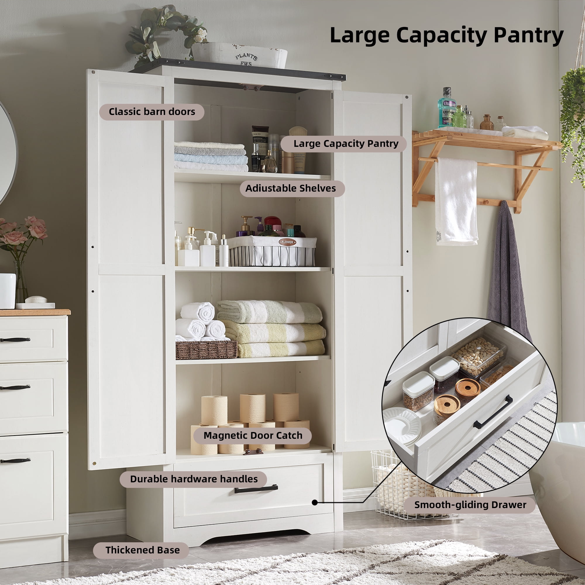 ACCOHOHO Pantry Cabinet, 72" Tall Farmhouse Storage Cabinet with Adjustable Shelves & 1 Drawer for for Kitchen, Dining Room, White