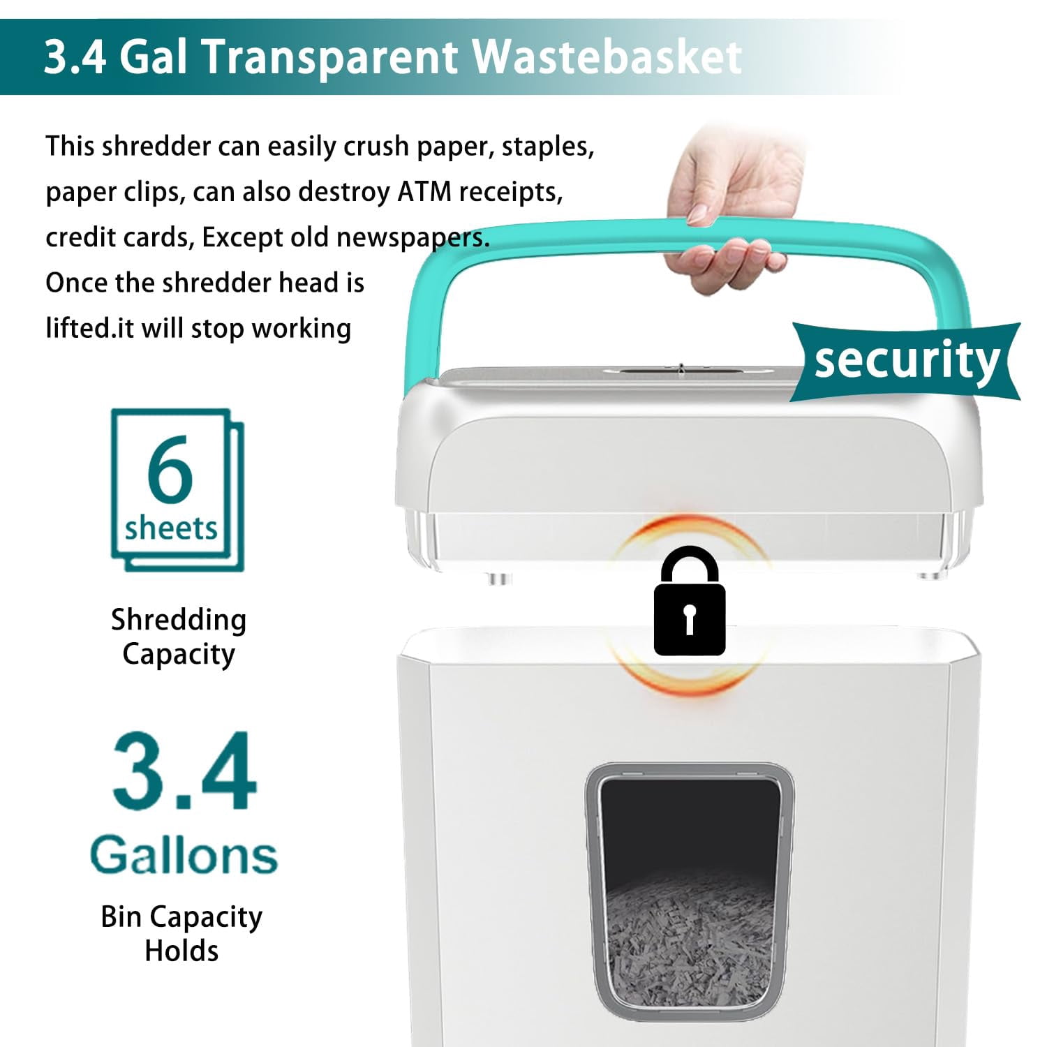 6-Sheet High Security Cross Cut Shredder, Cr Card Document Mail er, Portable Home Office Use, 3.4 Gallon Transparent Bin, White & Blue (C237-B), white