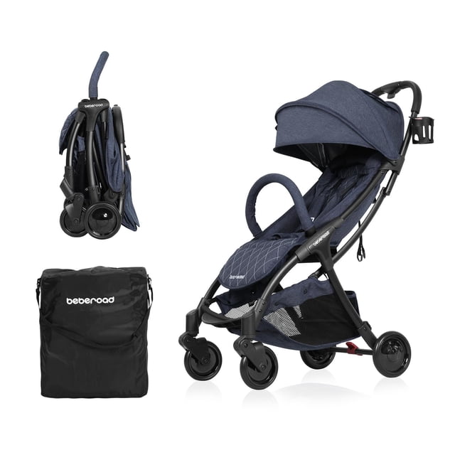 Beberoad Love R2 Small Travel Stroller Compact Stroller Foldable Lightweight Baby Stroller for Airplane, Infant Toddler Stroller with Adjustable Backrest, Cup Holder and Waterproof Canopy, Denim Blue