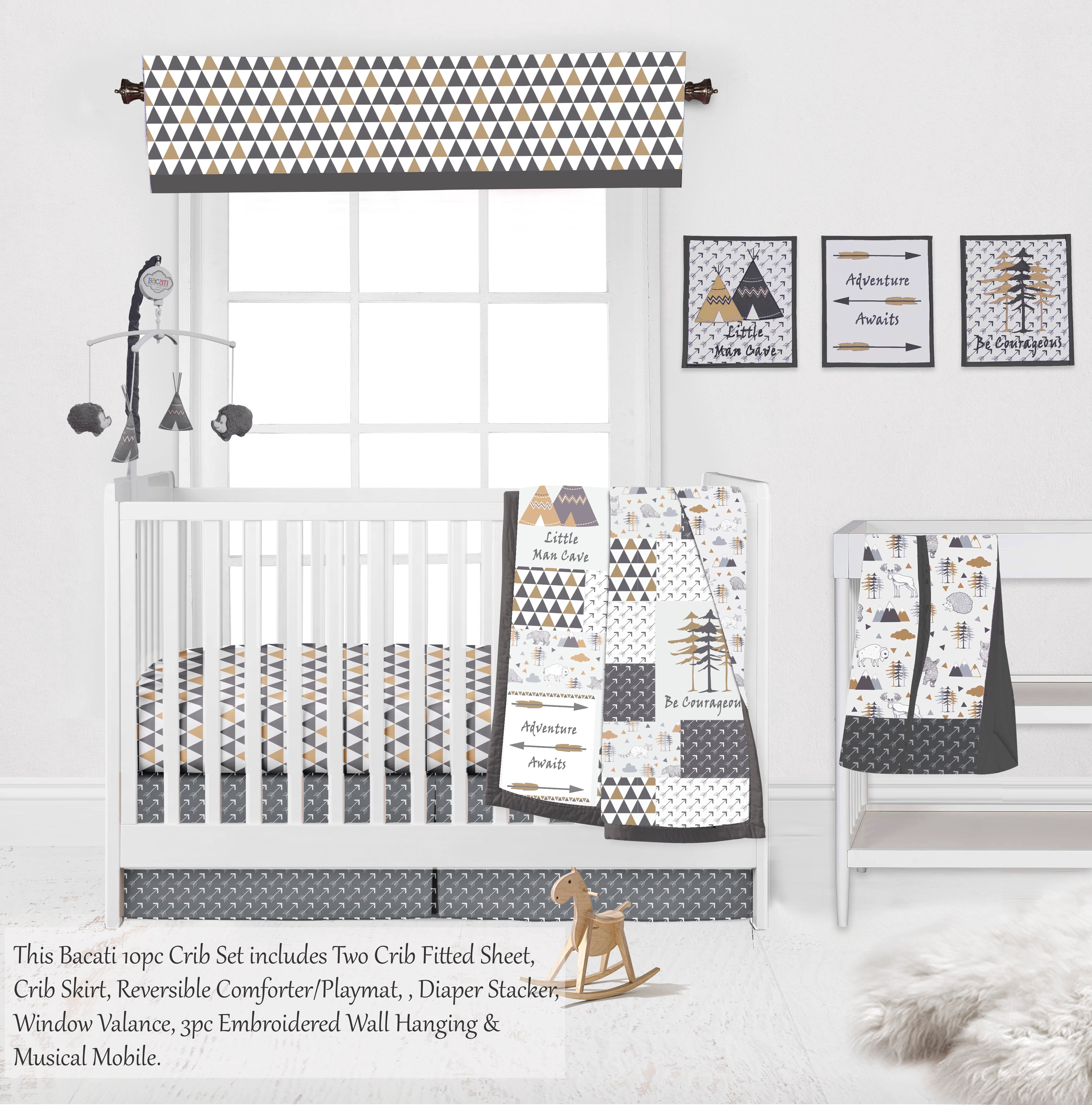 Bacati - Woodlands 10 Crib Bedding Set with 2 Fitted Crib Sheets Beige/Grey Neutral