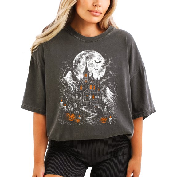 Haunted House Halloween Shirt for Women Spooky Ghost Graphic Tee, Pepper Shirt, M