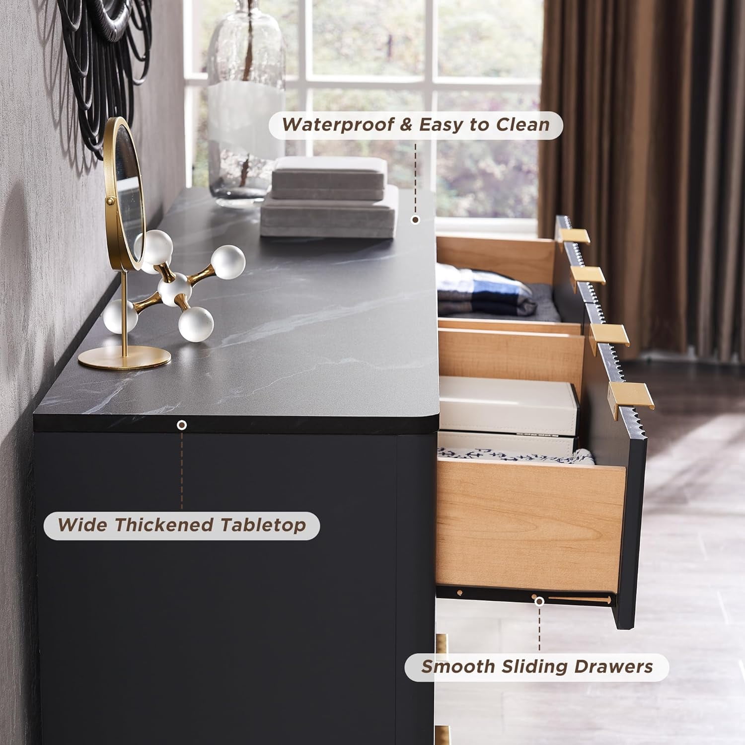 OKD 6 Drawer Dresser for Bedroom with Faux Marble Top, Modern Wood Chest of Drawers, Dresser Organizer, Dark Grey