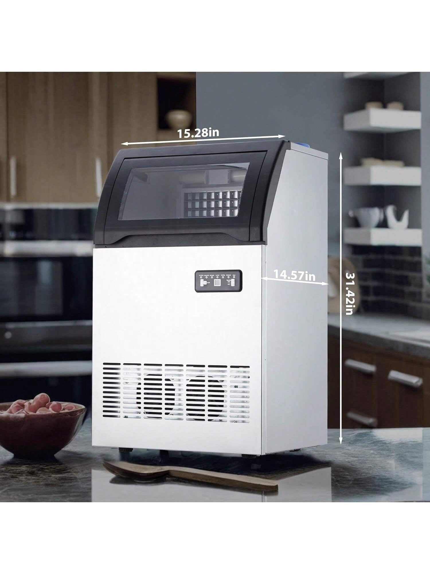 EastVita IdealHouse Commercial Ice Maker Machine. 120lbs/24H Stainless Steel Under Counter Ice Machine. Self Cleaning. 33 Lbs Basket For Home Office Restaurant Bar. Water Filter. Scoops. Drain Pipe