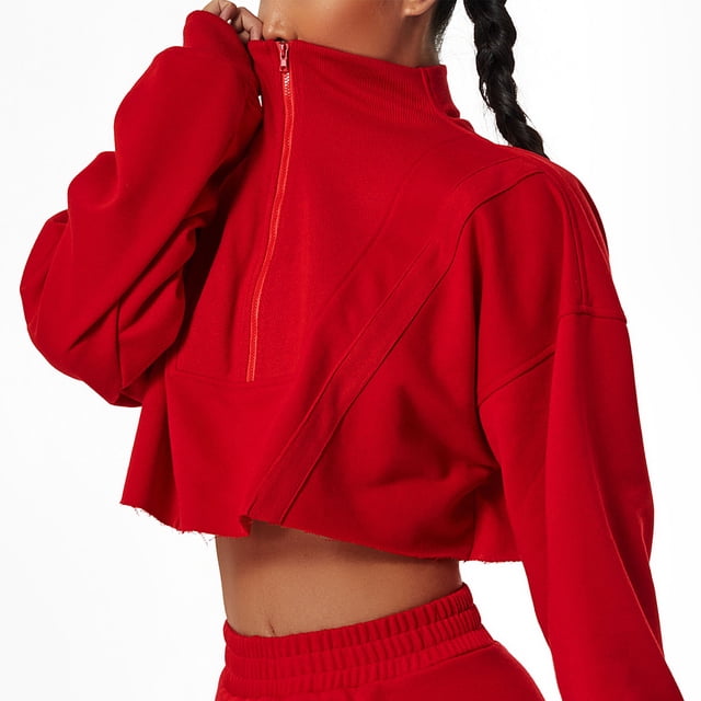 Sudadera de mujer Manga larga Cuello alto Suelto Deportivo Casual Transpirable Blusa con cremallera para exteriores Rojo M