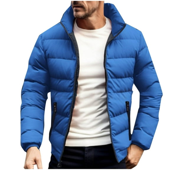 HAiming Mens Puffer Jacket Solid Long Sleeve Stand Collar Zipper Coat Winter Plus Size Casual Warm Outwear with Pocket