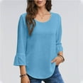 thumbnail image 3 of Women's 3/4 Sleeve Round Neck Casual Blouses Solid Color Ruffle Cuff Relaxed Fit Tops Ideal for Spring Summer Casual Daily Wear, 3 of 8
